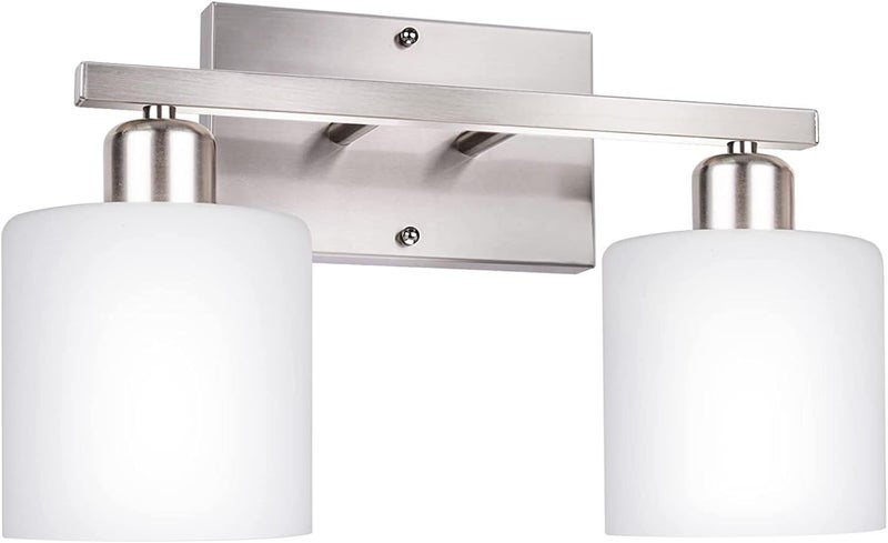 Dekang Bathroom Vanity Light Fixture Over Mirror with Brushed Nickel, Modern 2-Light Wall Sconces Lighting for Bedroom,Living Room,Decor White Glass Shades,E26 Standard Base,Bulbs Not Included - Image 1
